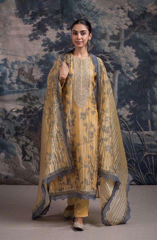Image of Mustard Glass Tissue Organza Suit with Dupatta - R157-SPR2372
