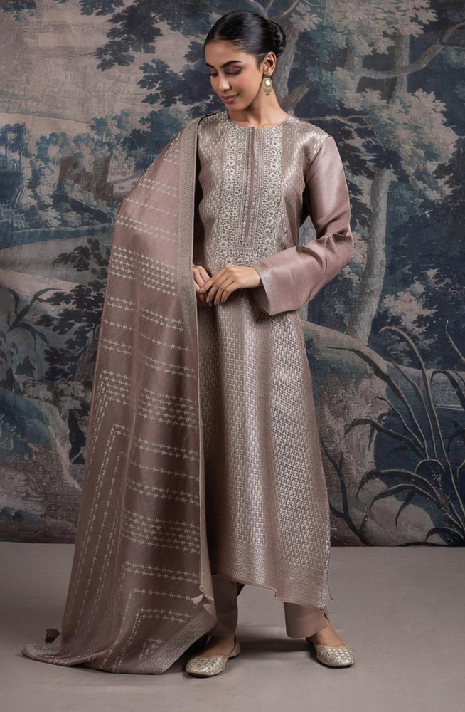 Image of Brown Ziraf Silk Jacquard Suit with Dupatta - R157-SPR2518A