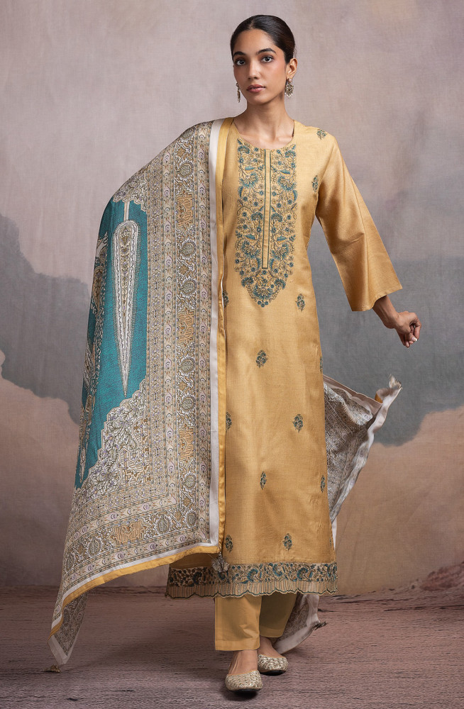 Image of Mustard Pure Monga Tussar Silk Suit with Dupatta - R157-SPR2494A