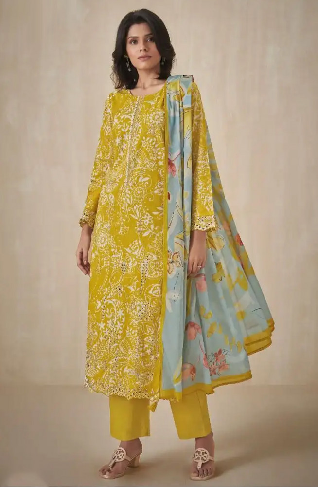 Image of Yellow premium lawn cotton Suit Set with Dupatta - INA13091C