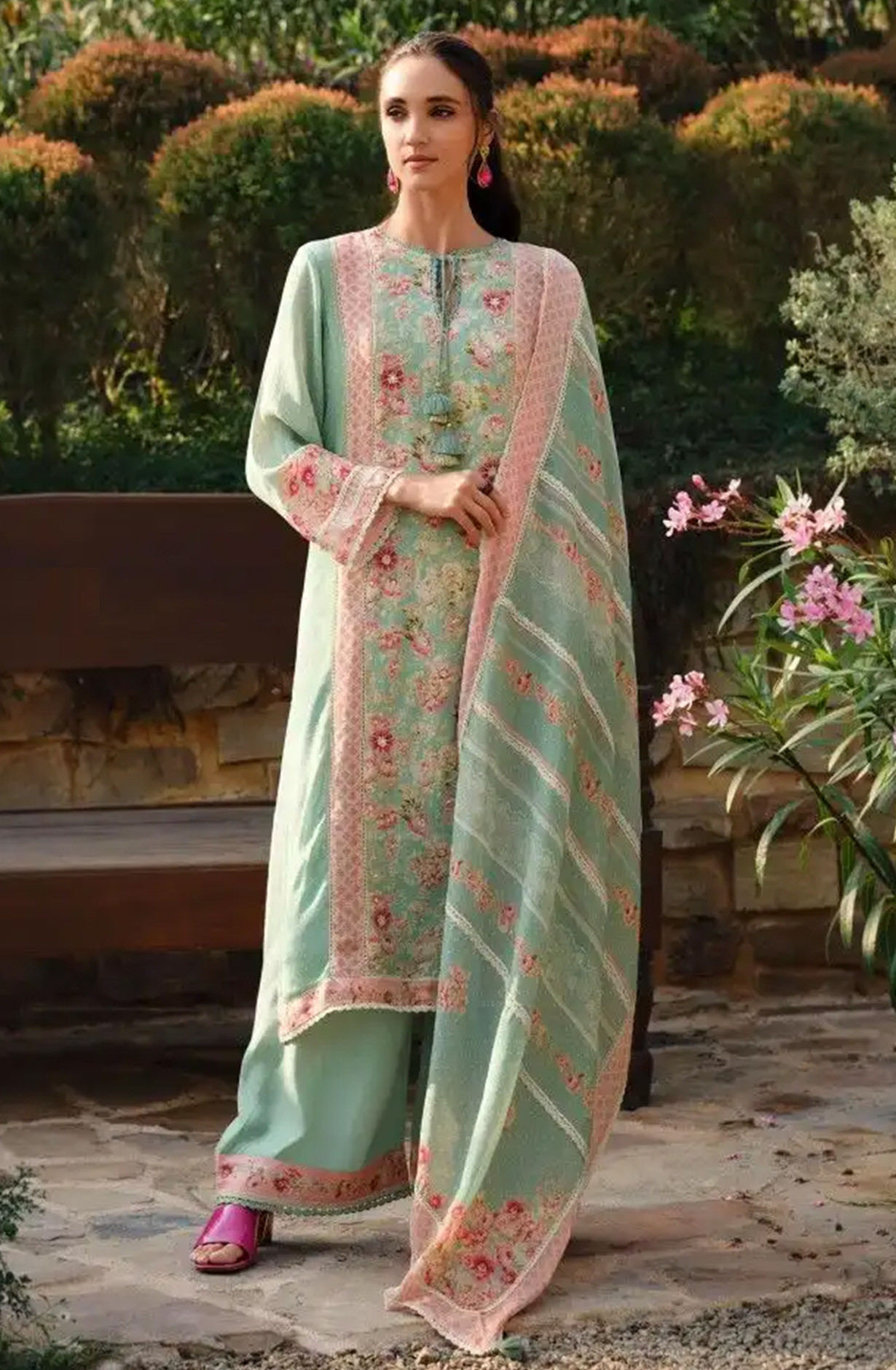 Sea Green Cotton Linen Beautiful Suit Set with Dupatta - ROSE03
