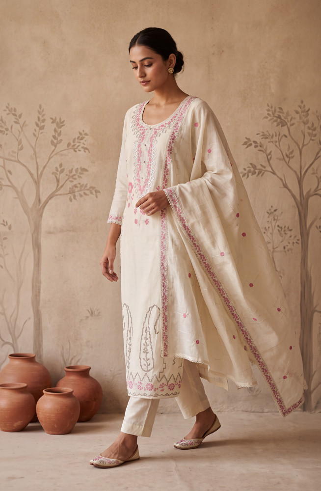 Image of Off White Mul Chanderi Unstitched Suit Set with Beautiful Dupatta - 752-9026C