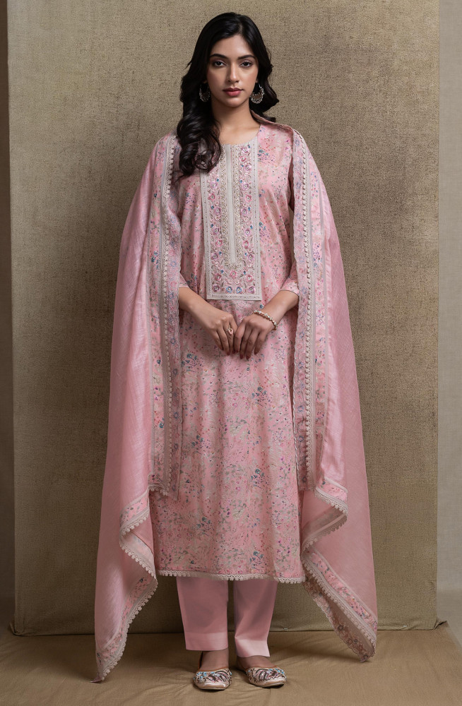 Image of Pink Cotton embroidered Suit Set with Dupatta - R157-SPR2676