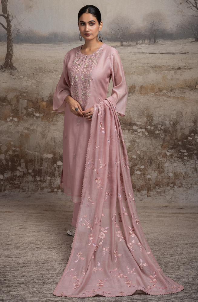 Image of Peach Pure mul chanderi Suit Set with Dupatta - R157-SPR2591