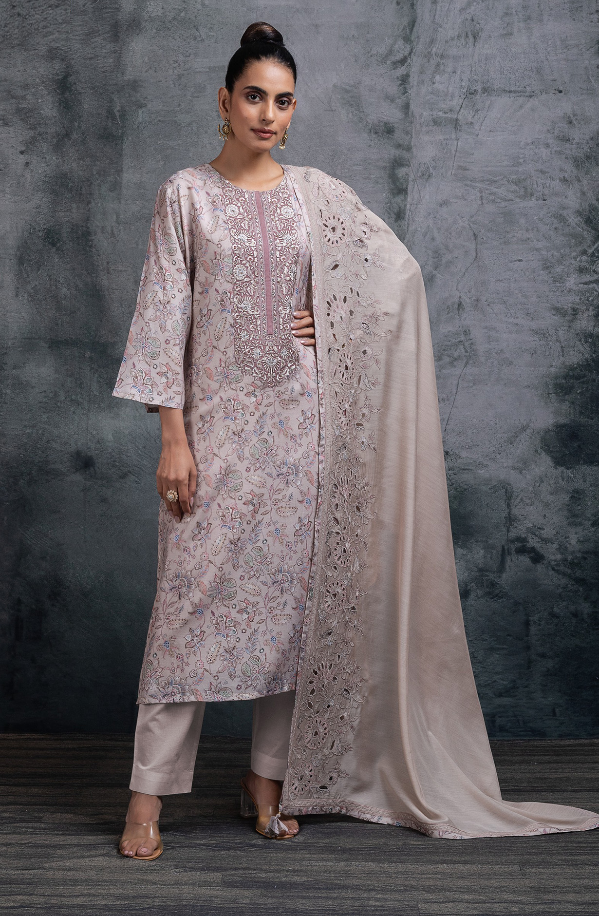 Mauve printed Muslin Embroidered Suit Set with Dupatta - R157-SPR2681