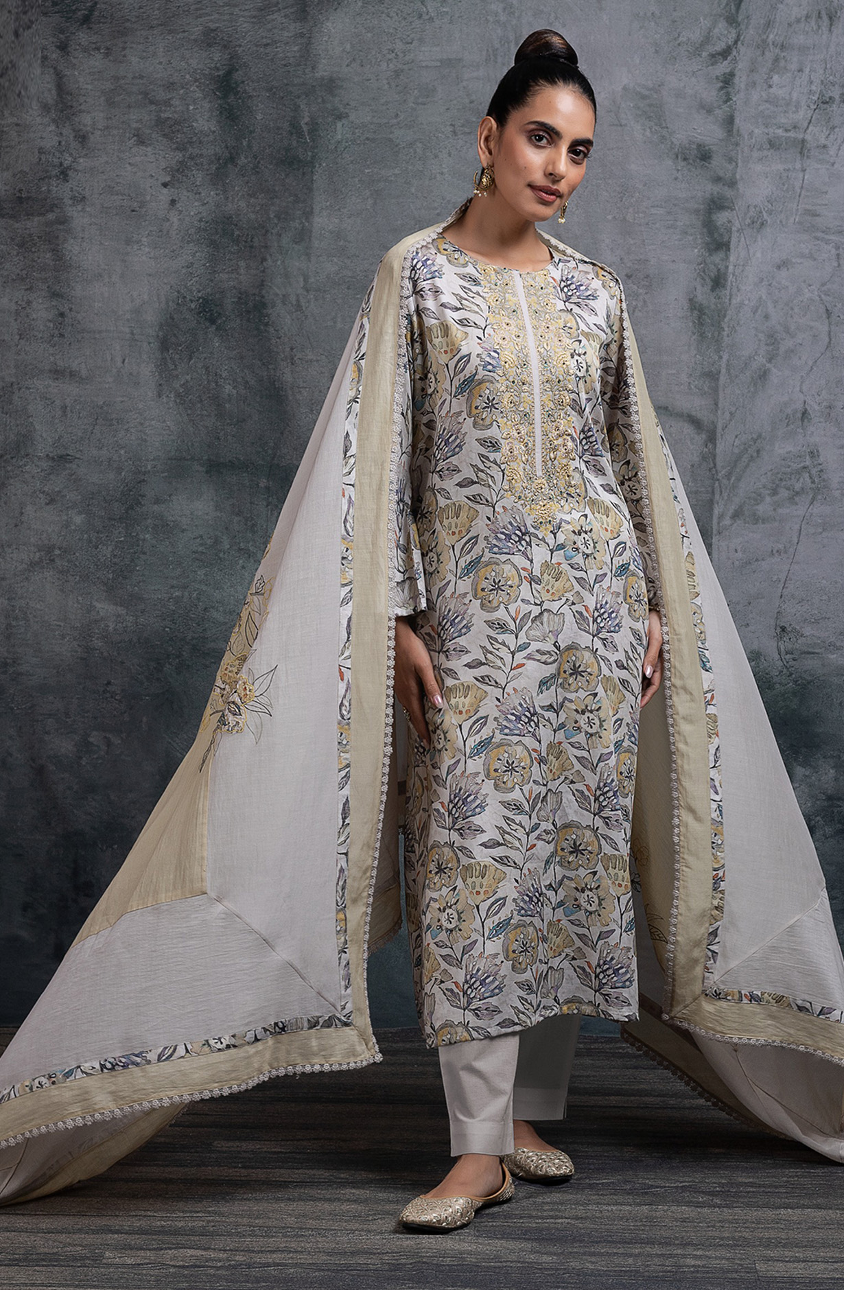 Grey printed Muslin Embroidered Suit Set with Dupatta - R157-SPR2222