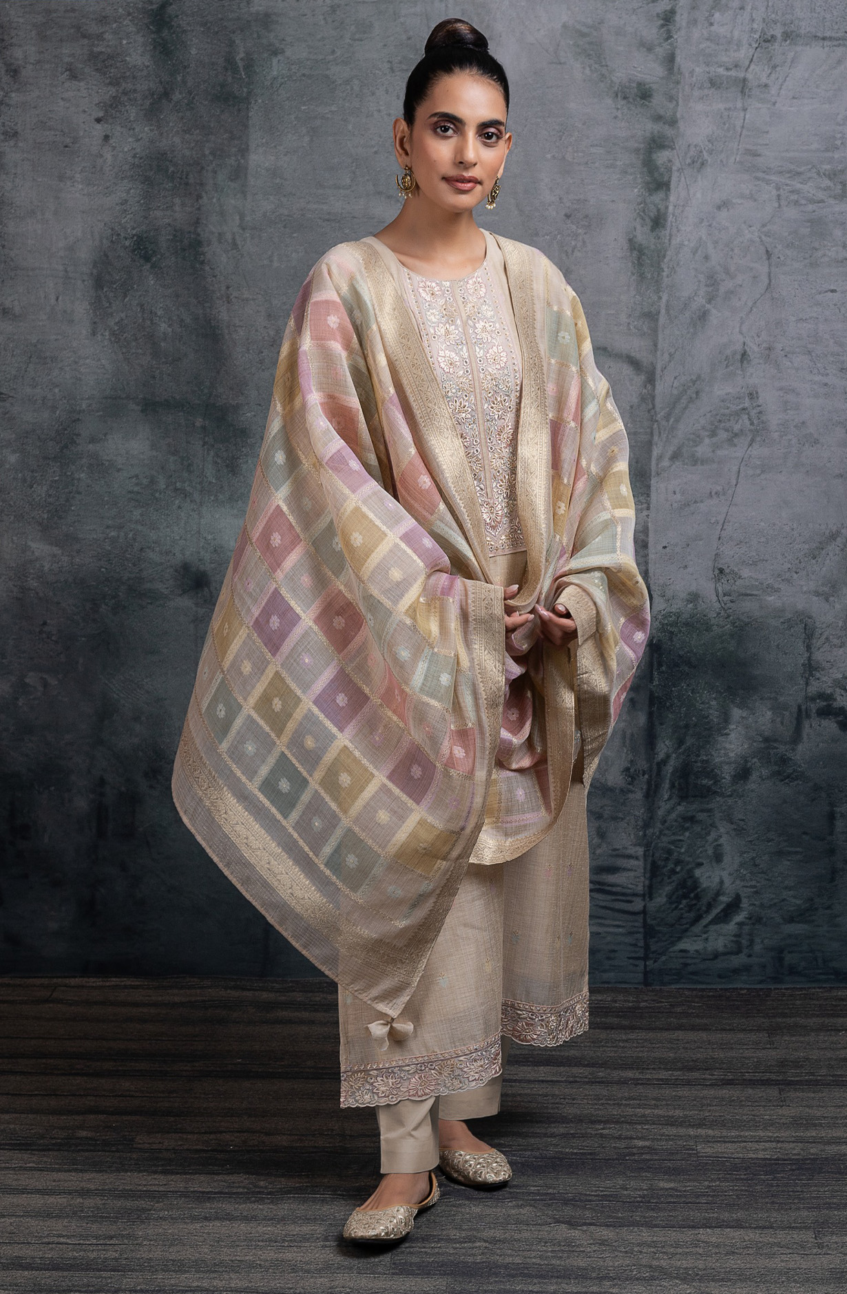 Fawn Mul chanderi Embroidered Suit Set with Dupatta - R157-SPR2631