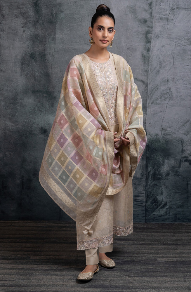 Image of Fawn Mul chanderi Embroidered Suit Set with Dupatta - R157-SPR2631