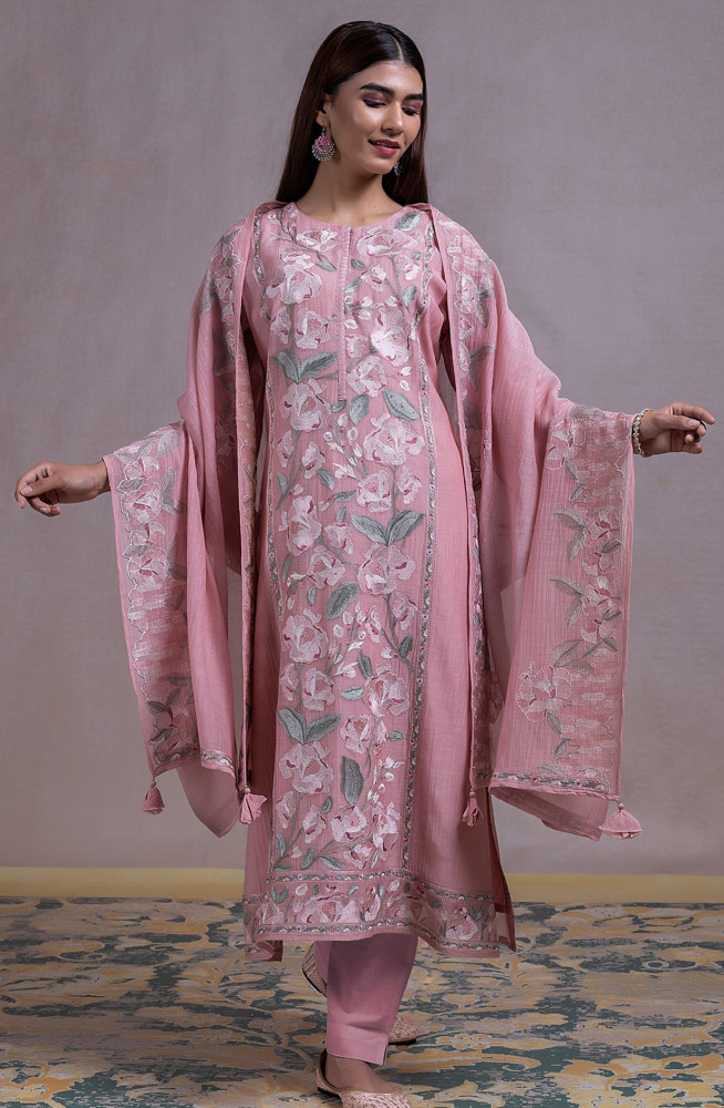Image of Pink Mul chanderi Embroidered Suit Set with Dupatta - R157-SPR2316