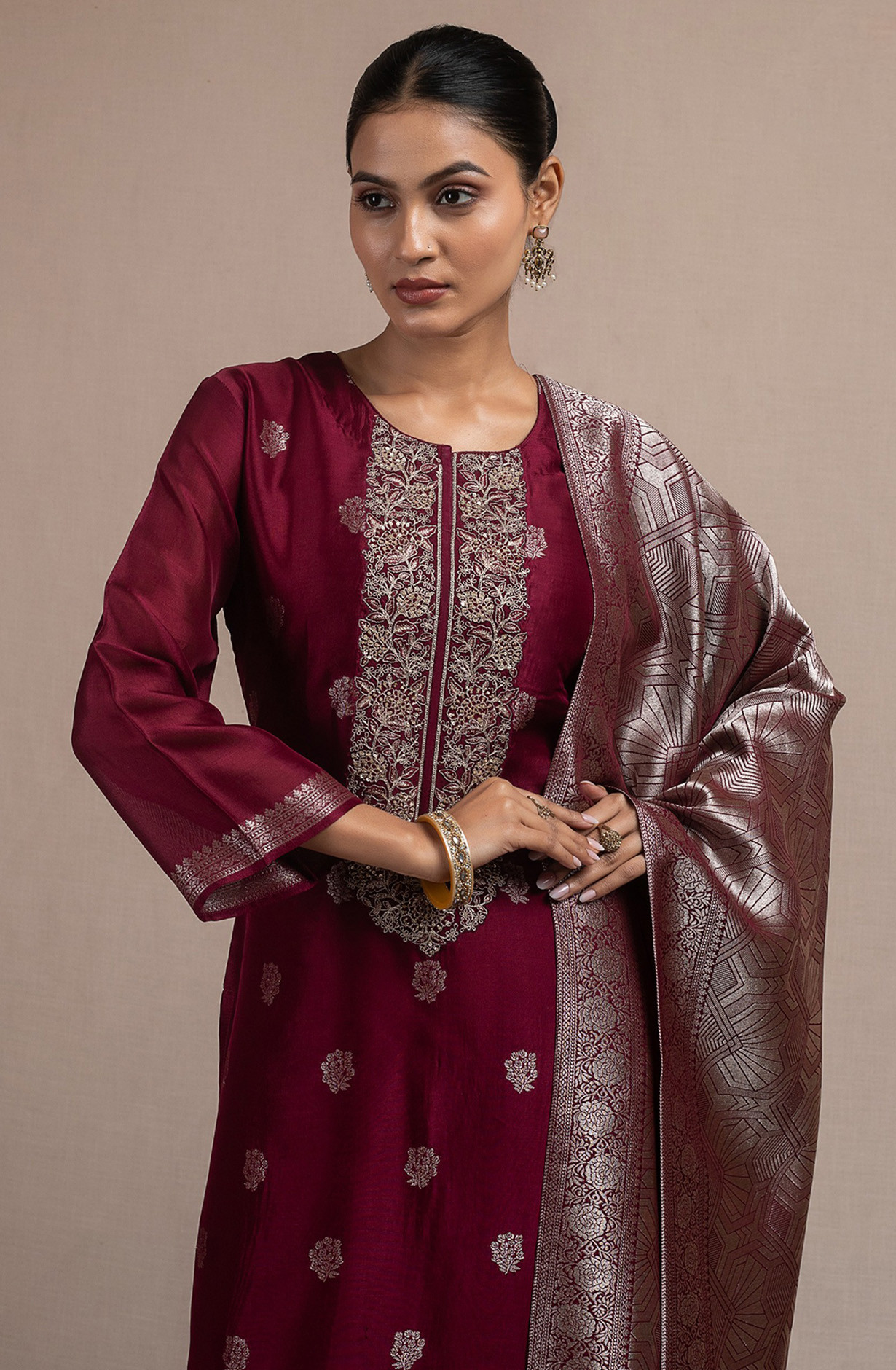 Wine Silk Jacquard Suit Set with Silk Dupatta - R157-SPR2536A