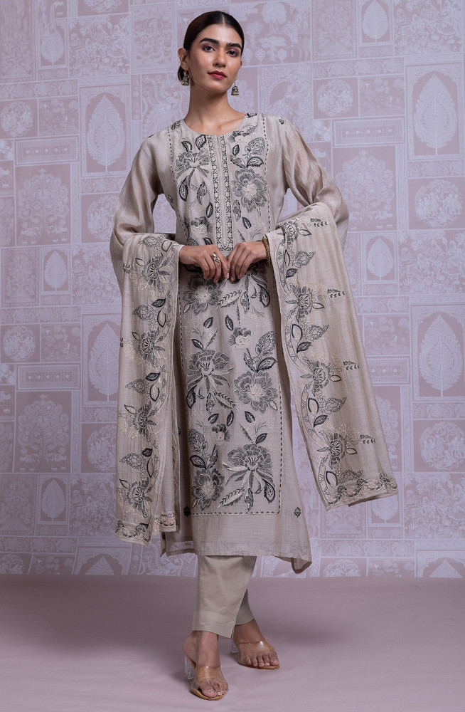 Image of Black Mul chanderi Embroidered Suit Set with Dupatta - R157-SPR2330A