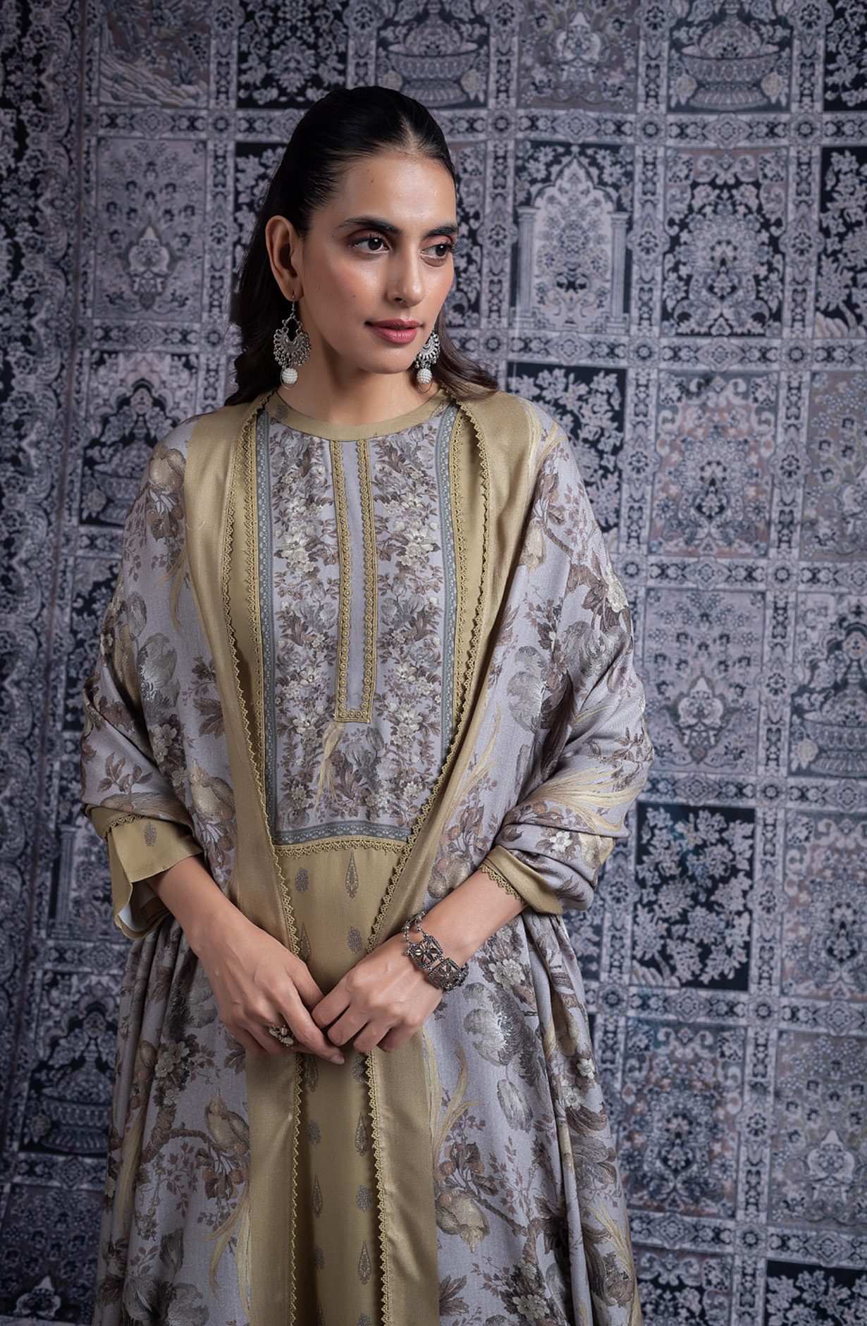 Mehandi Pashmina Suit set with Pashmina Dupatta - YAS2083B