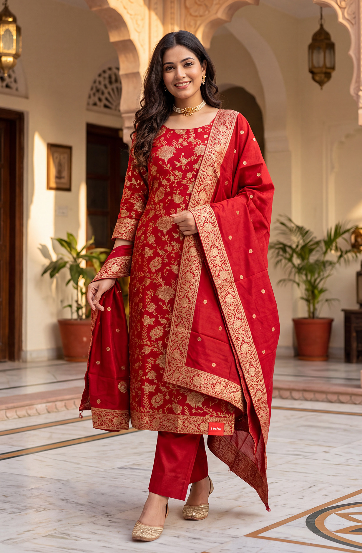 Red Silk Unstitched Suit-Set with Beautiful Dupatta - 981-0014A