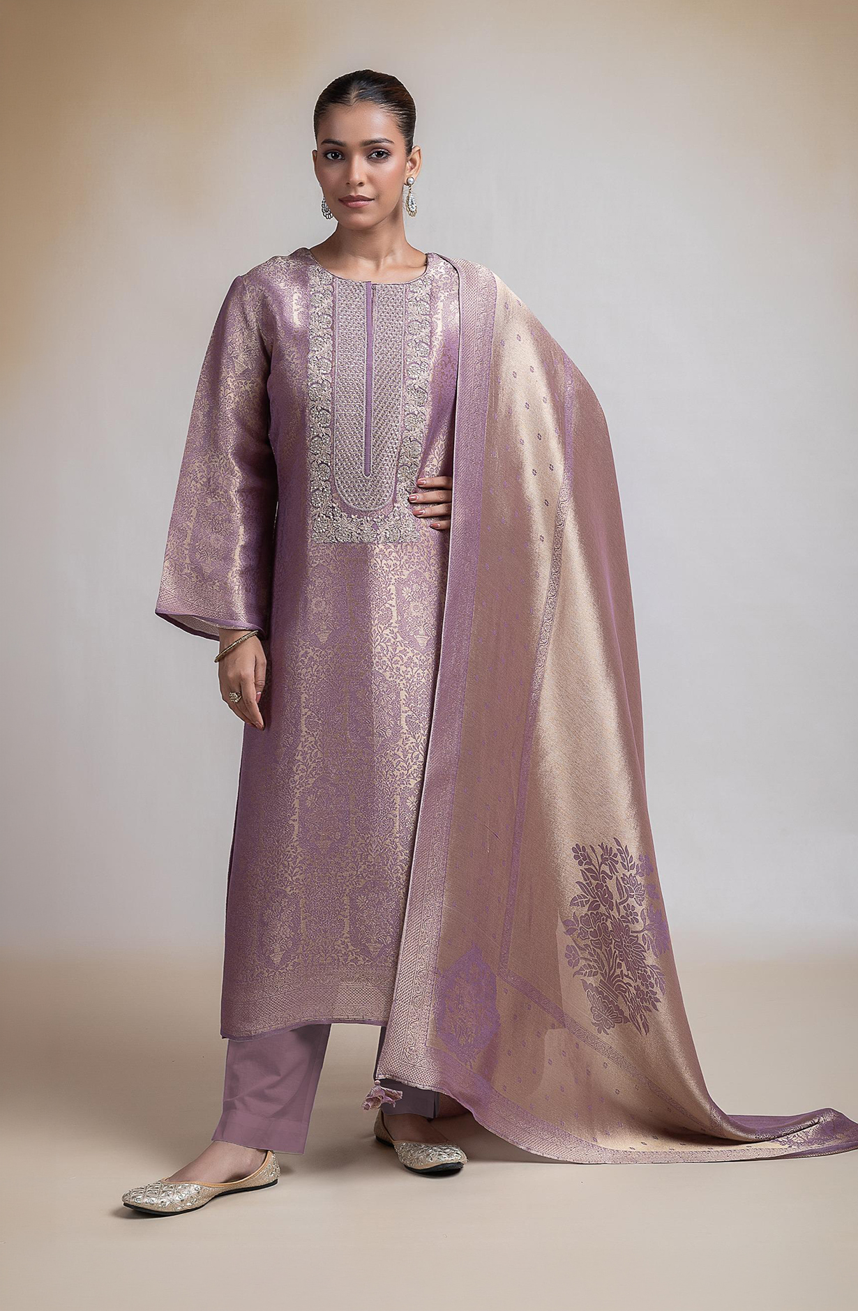 Pink Silk Tissue Jacquard Unstitched Suit with Beautiful Silk Tissue Dupatta- R157-SPR2387B