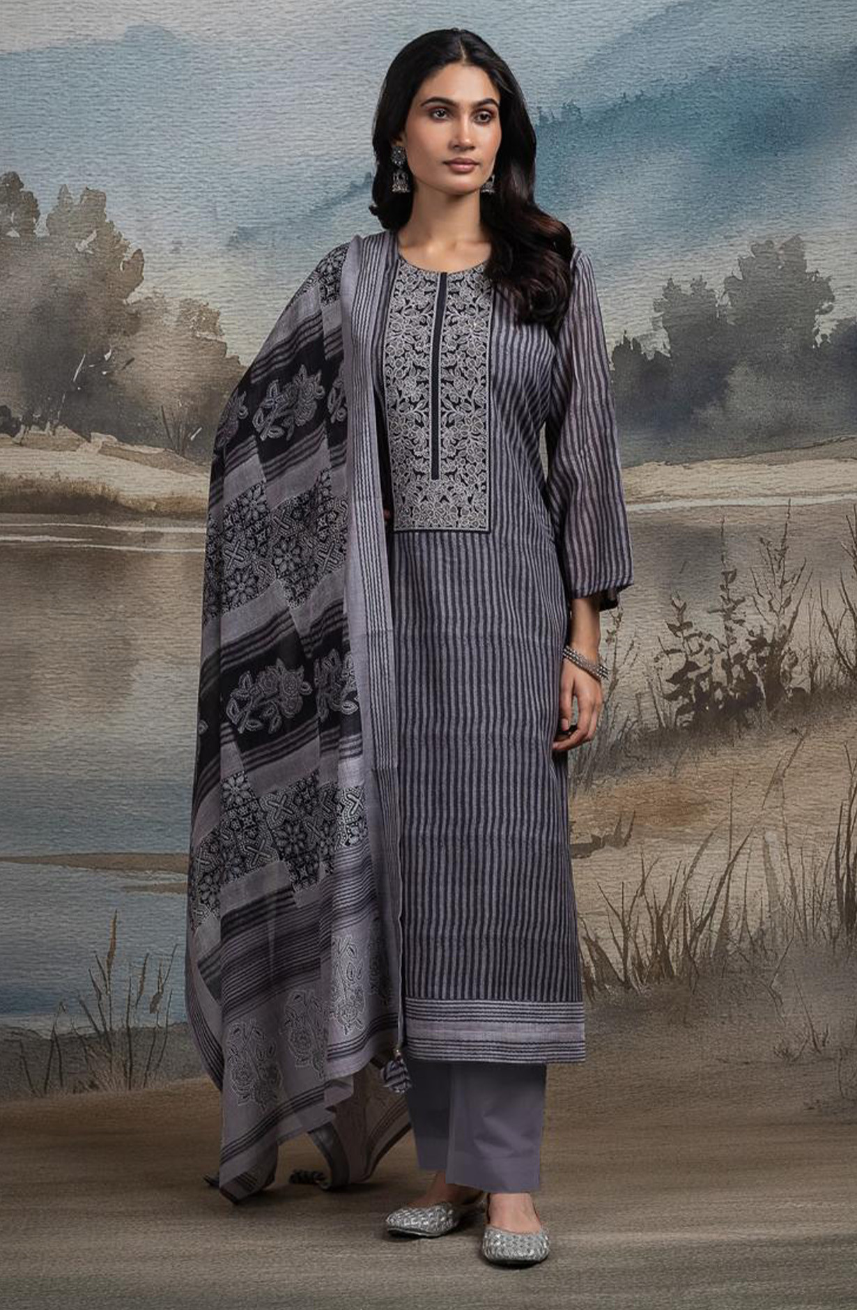 Black Pure Mul Chanderi Embroidered Beautiful Suit Set with Dupatta - R157-SPR2663