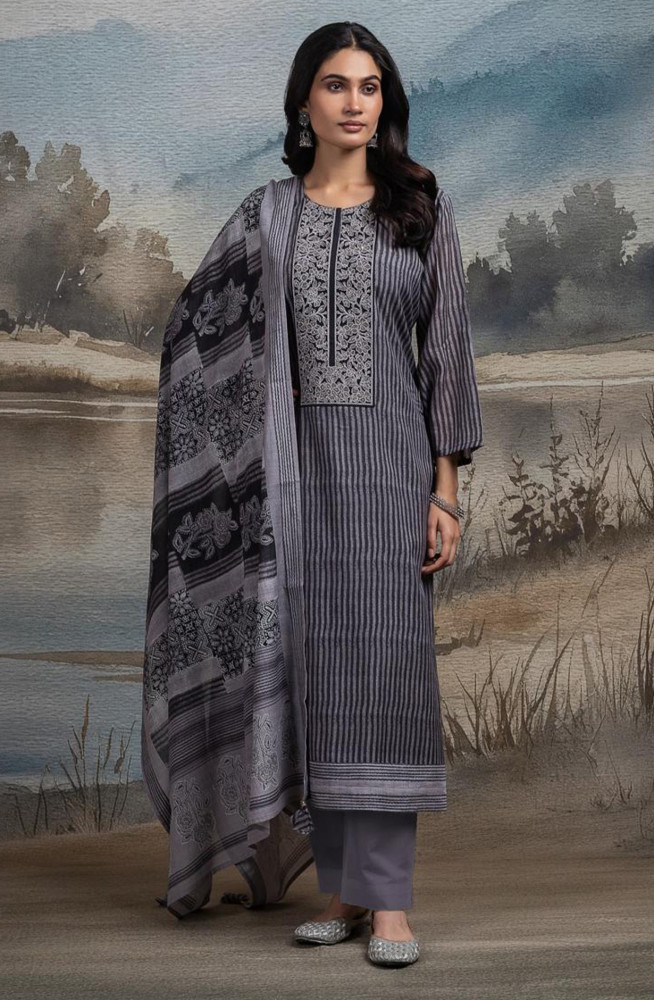 Image of Black Pure Mul Chanderi Embroidered Beautiful Suit Set with Dupatta - R157-SPR2663