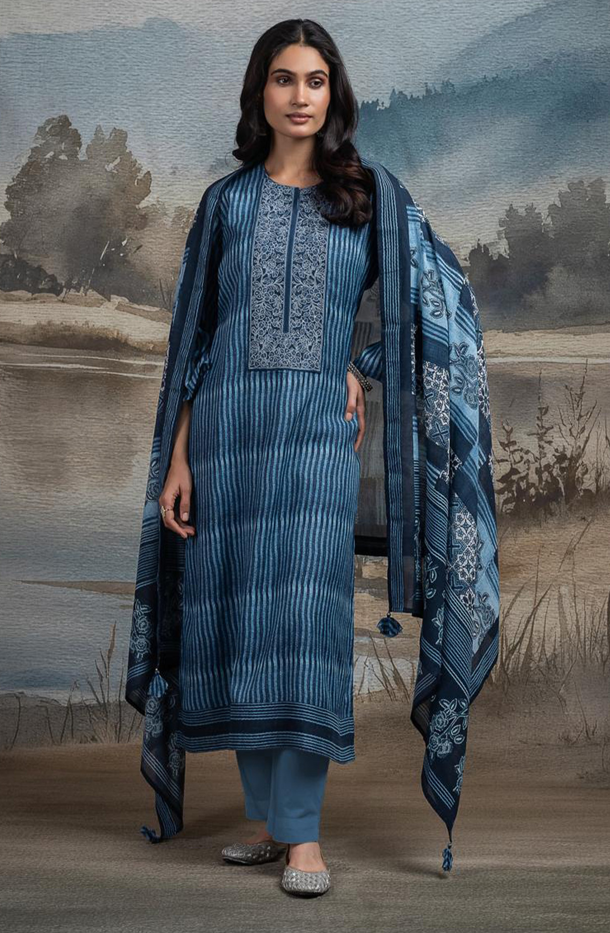 Blue Pure Mul Chanderi Embroidered Beautiful Suit Set with Dupatta - R157-SPR2663A