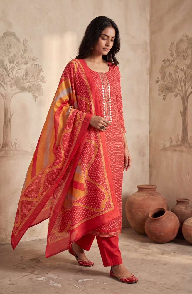 Image of Red Satin Silk Unstitched Suit Set with Beautiful Satin Silk Dupatta - 972-WETSL1104-1C