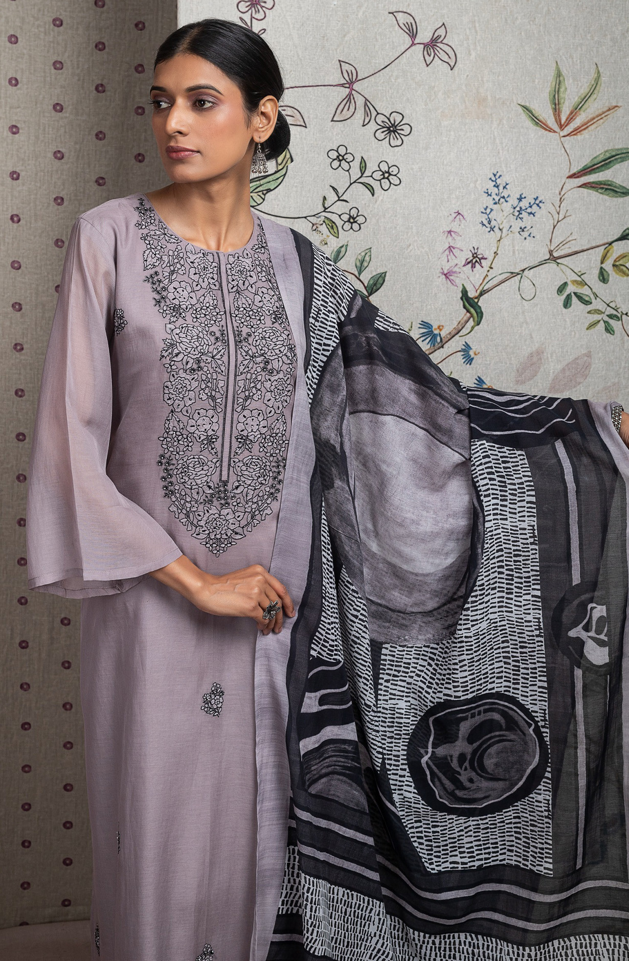 Grey Pure Mul Chanderi Embroidered Beautiful Suit Set with Dupatta - R157-SPR2630