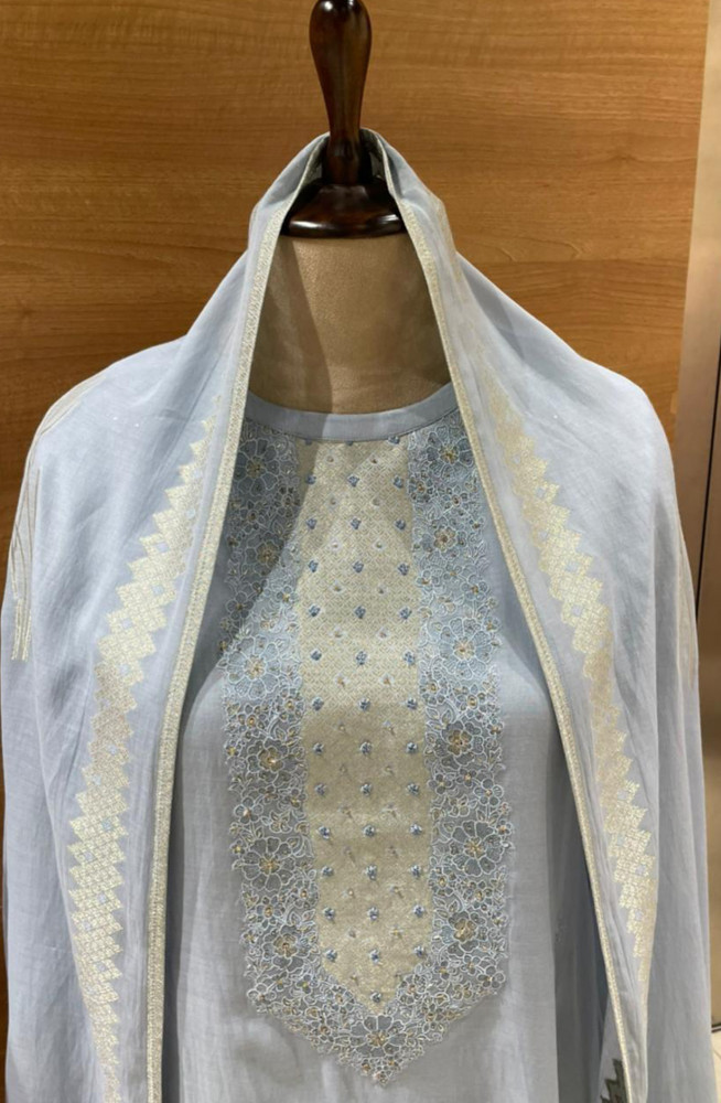 Image of Blue Mul chanderi Beautiful Unstitch Suit Set with Dupatta - R157-SPR2629A