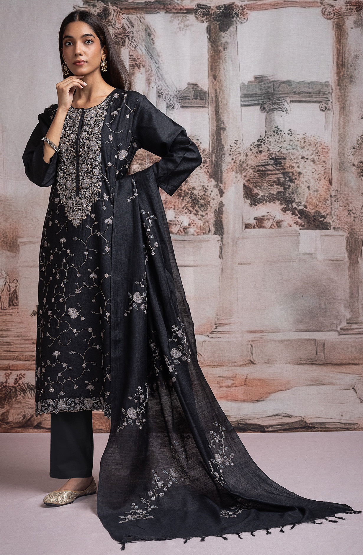Black Pure Monga Tussar Silk Suit with Dupatta - R157-SPR2506