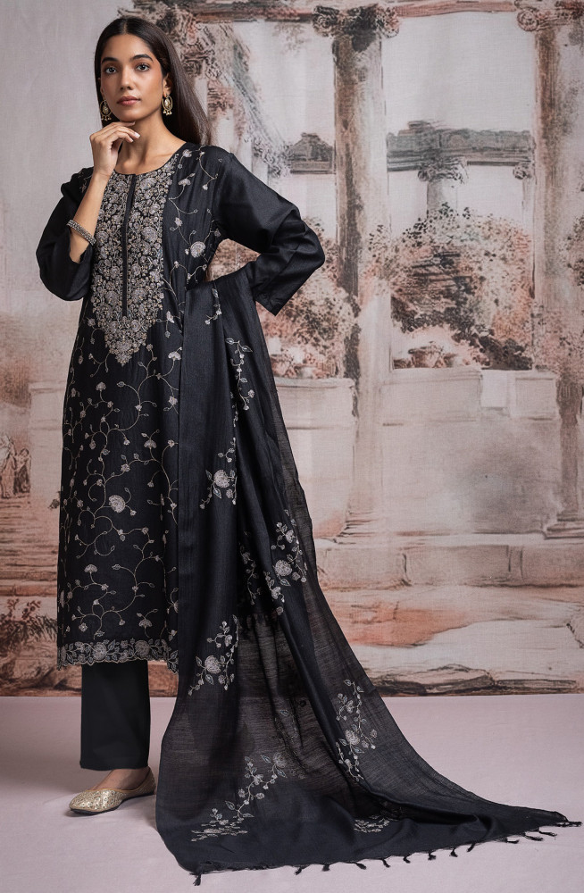 Image of Black Pure Monga Tussar Silk Suit with Dupatta - R157-SPR2506