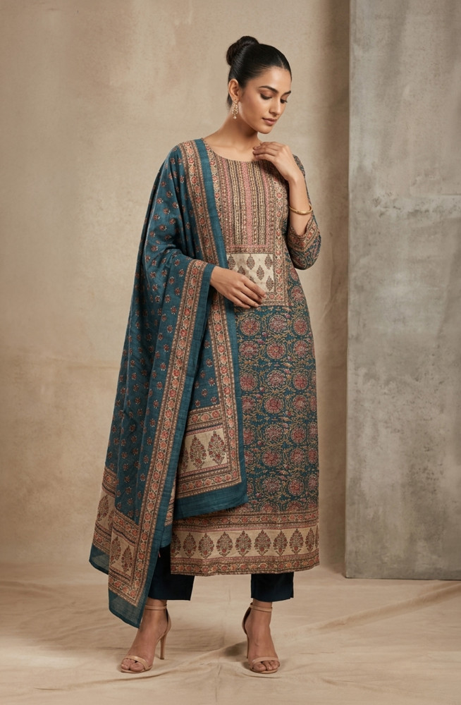 Image of Blue Silk Unstitched Suit Set with Beautiful Dupatta - 944-1328