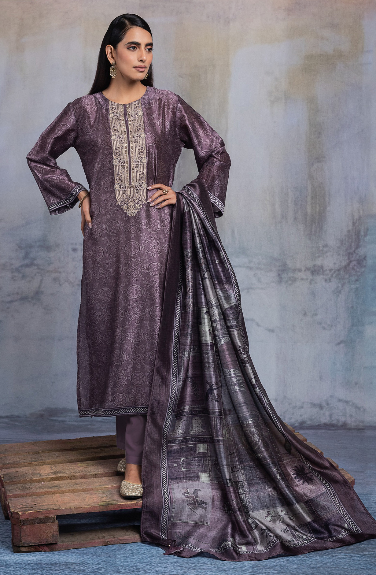 Mauve Unstitched Silk Suit set with Dupatta - R157-SPR2601
