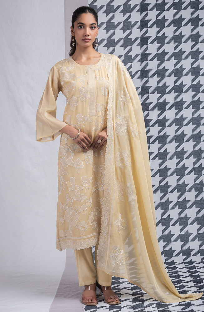 Image of Mustard Mul Chanderi Suit set with Dupatta - R157-SPR2576A