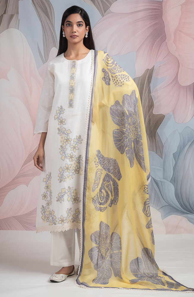 Image of Yellow Linen Beautiful Suit set with Dupatta - R157-SPR2583A