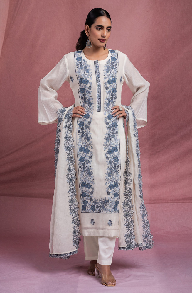 Image of Blue Pure Mul Chanderi Suit set with Dupatta - R157-SPR2575B