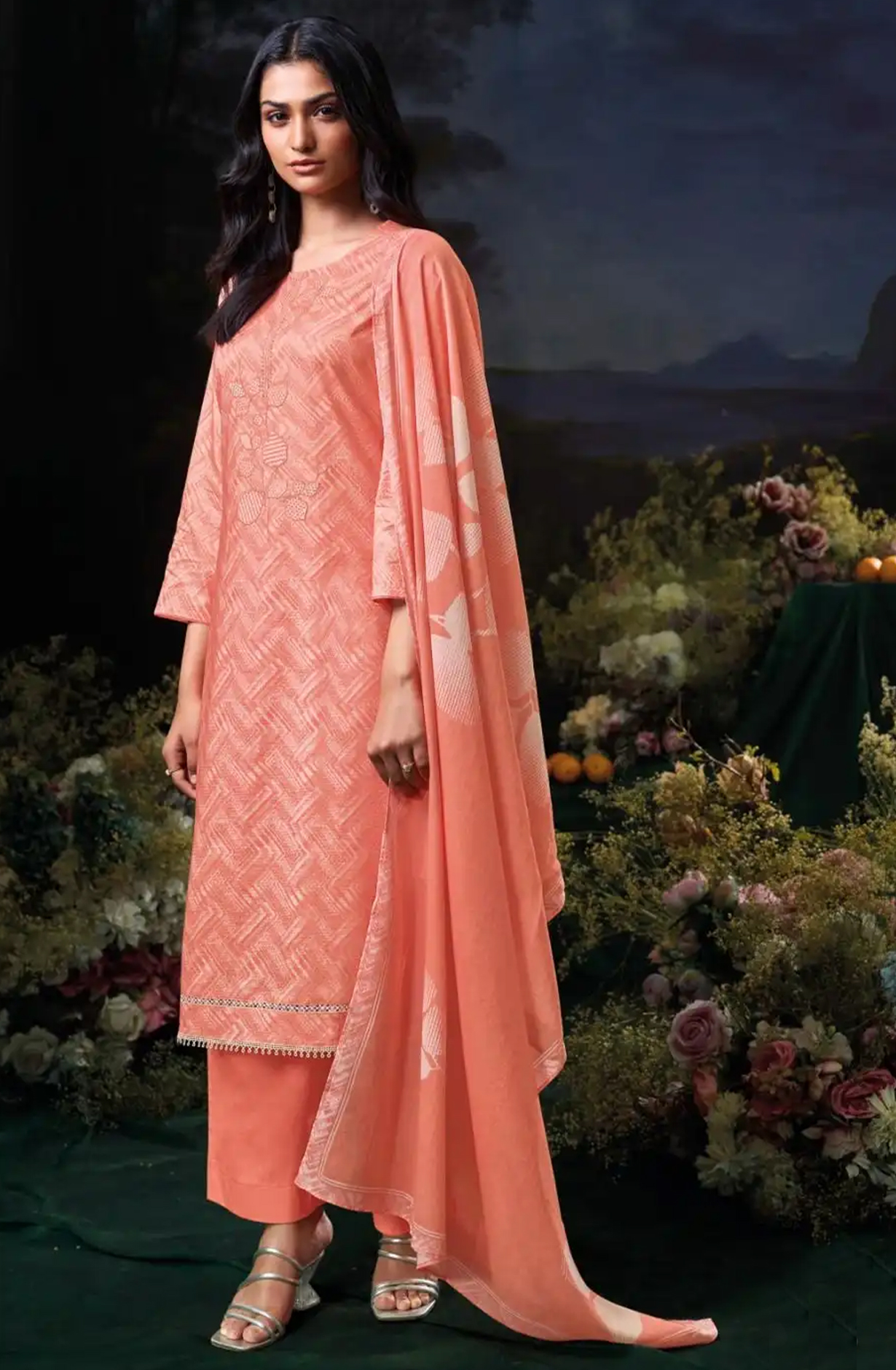 Orange Cotton Printed Suit Set with Dupatta- DIVS3597B