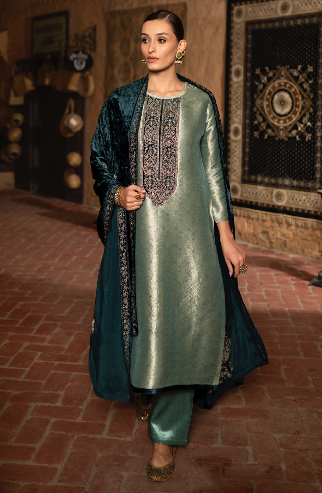 Firozi Pure Silk with Pure Velvet Dupatta Suit-Set - SHA2286