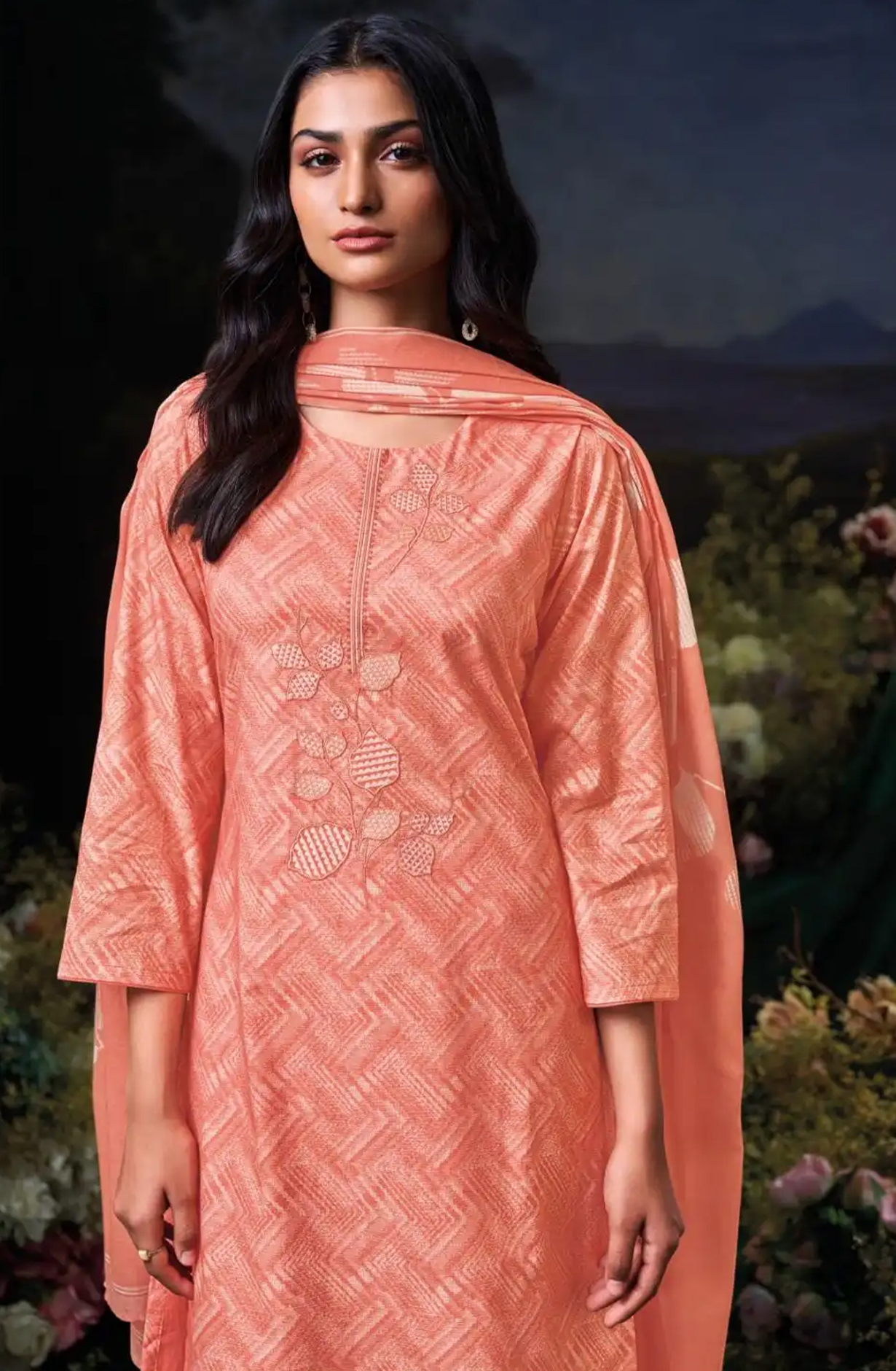 Orange Cotton Printed Suit Set with Dupatta- DIVS3597B