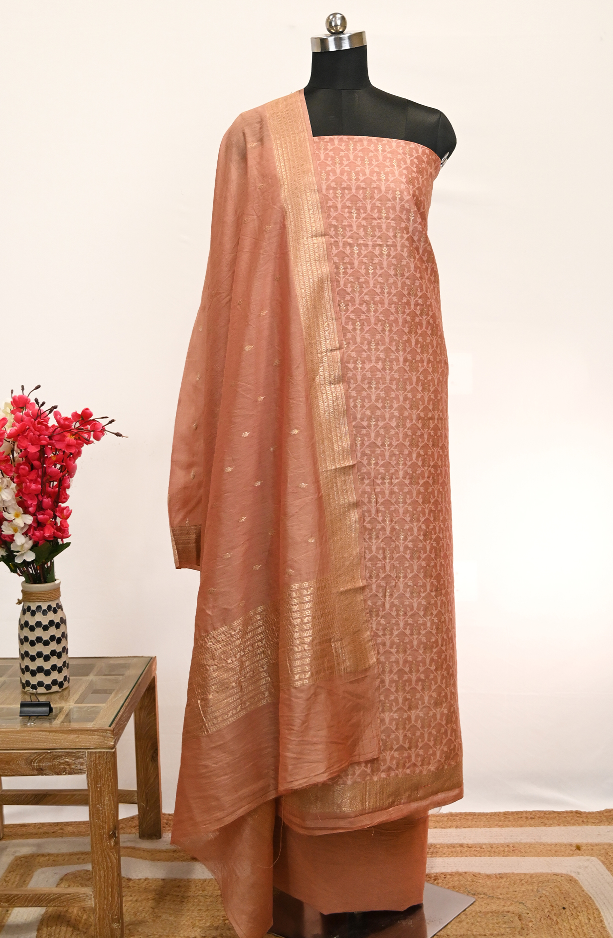 Peach Chanderi Suit Set with Dupatta - 1021-PAURI-3E