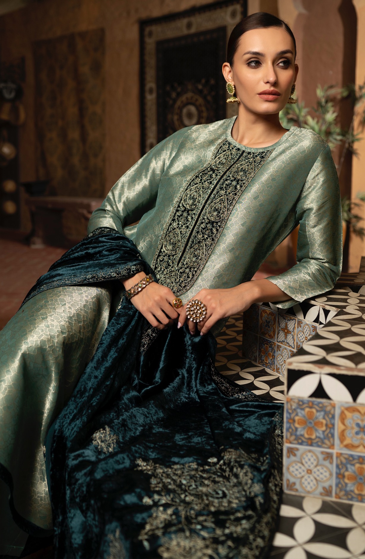 Firozi Pure Silk with Pure Velvet Dupatta Suit-Set - SHA2286