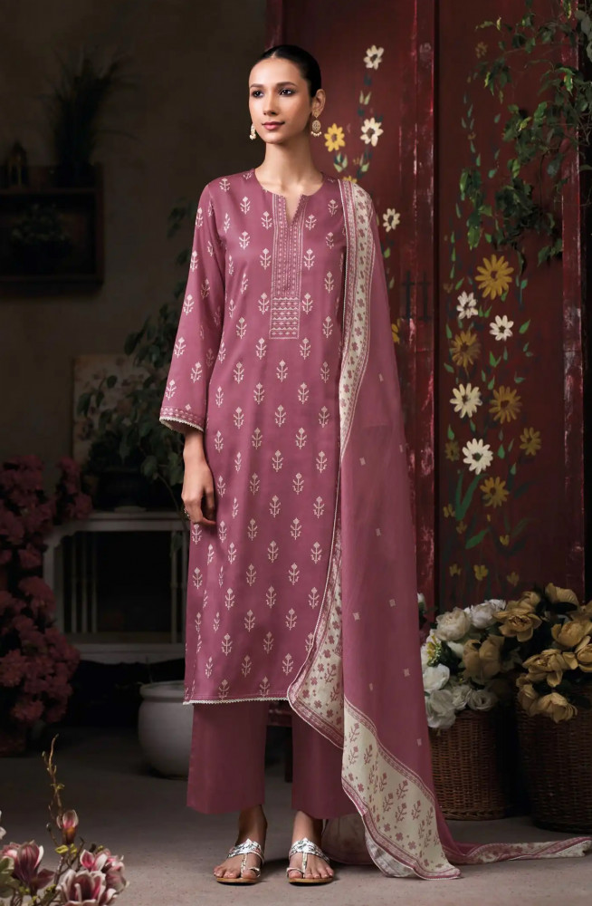 Image of Mauve Premium Cotton Satin Unstitched Suit Set with Beautiful Dupatta - KAIS4946D