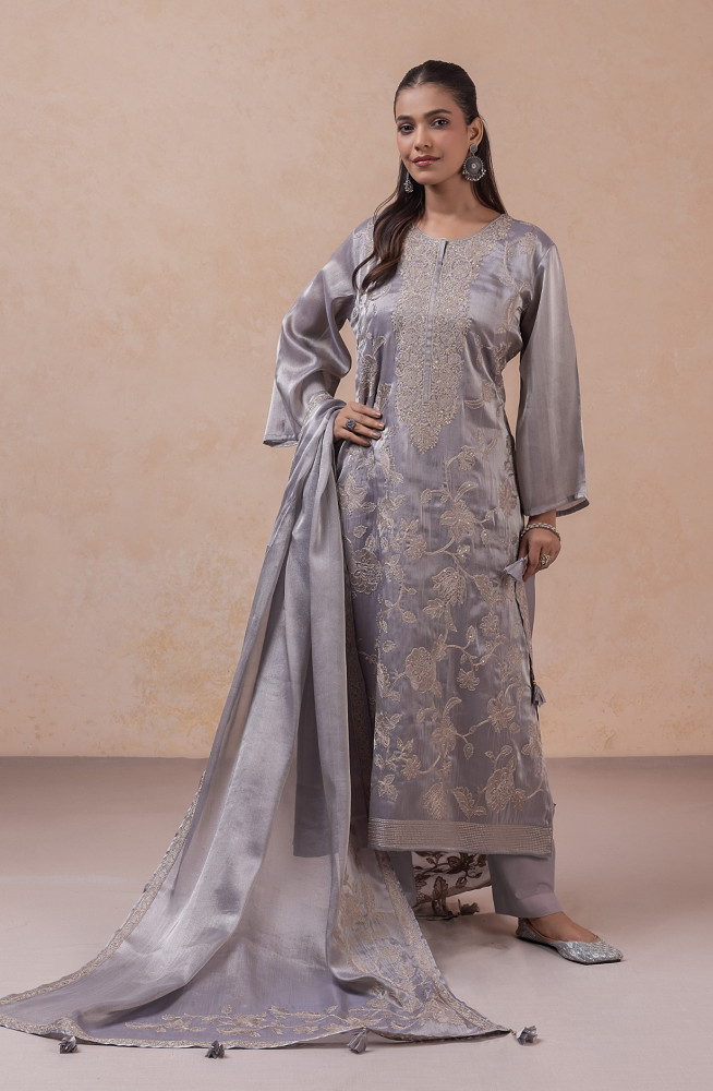 Image of Grey Oris Silk Unstitched Suit Set with Beautiful Dupatta - R157-SPR2768