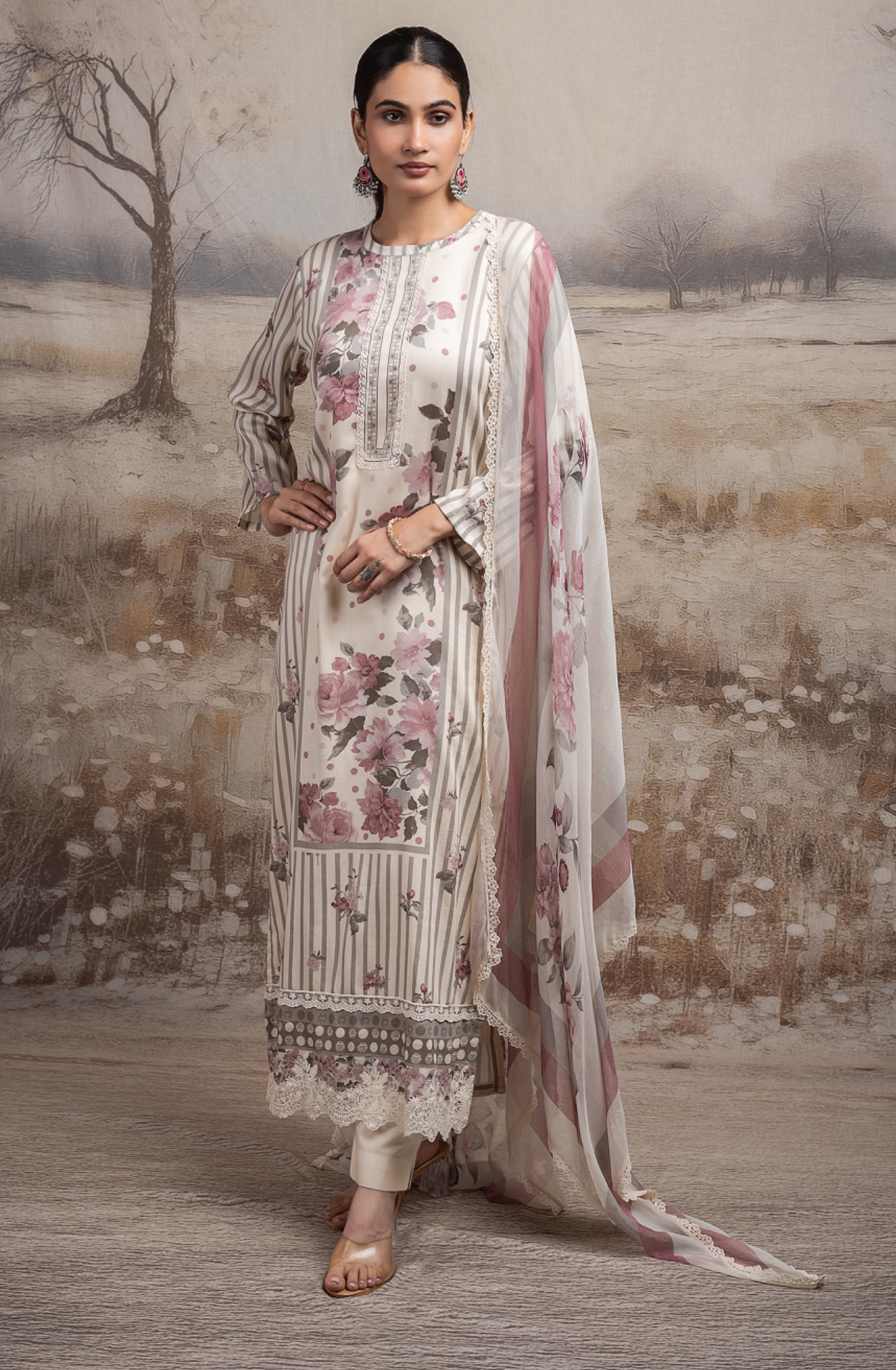 Beige cotton Unstitched Suit Set with Dupatta - RISNT117B