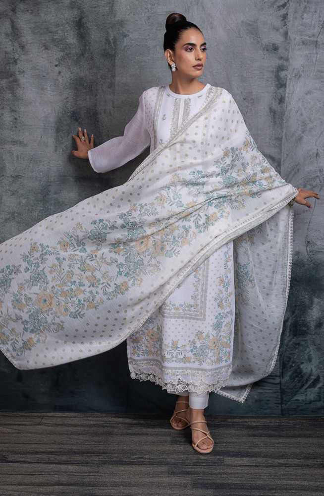 Image of Yellow Linen Digital Printed Unstitched Suit Set with Dupatta - RUANSP115B