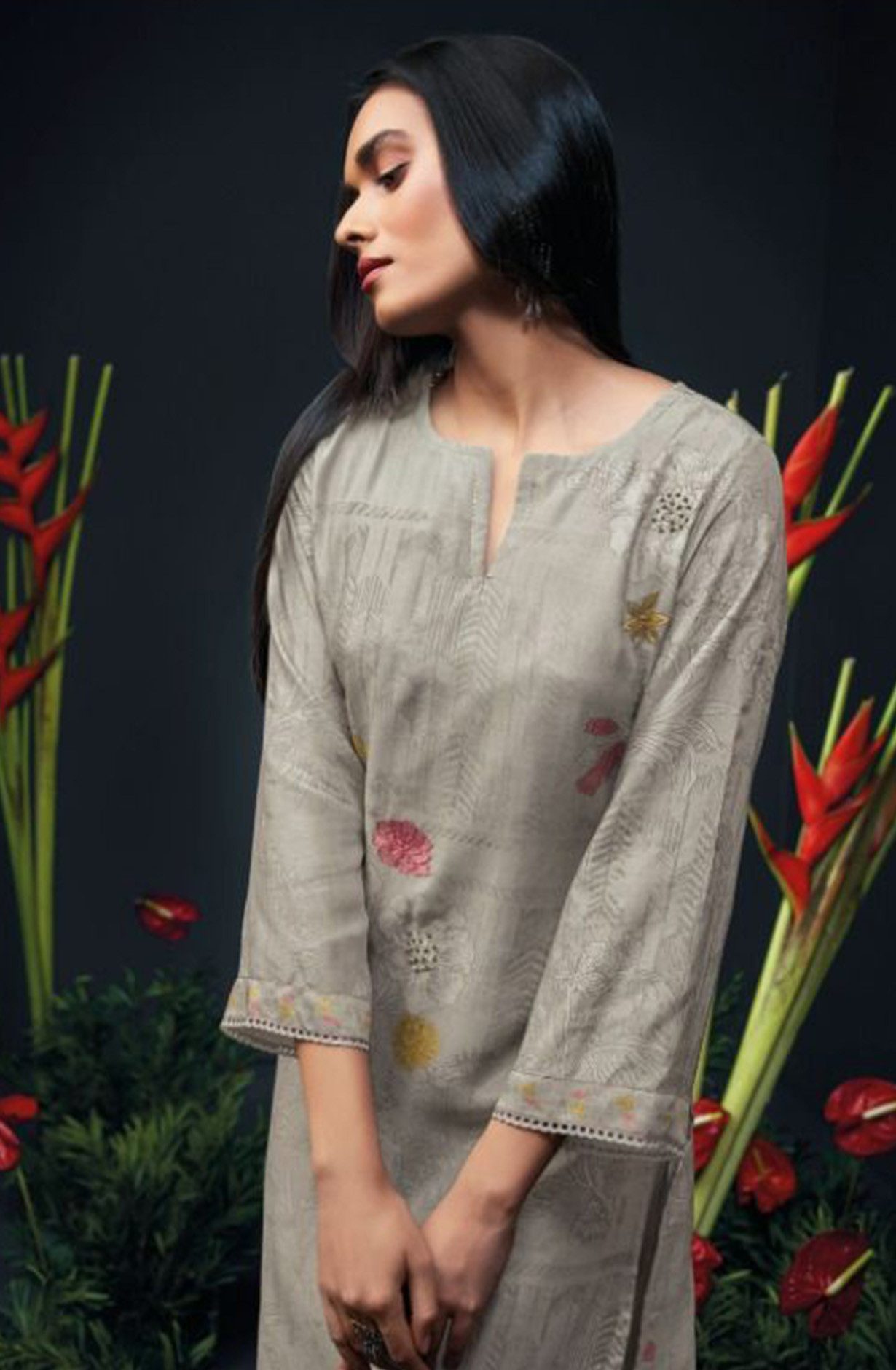 Grey Silk Suit set with Dupatta- ZAN1690