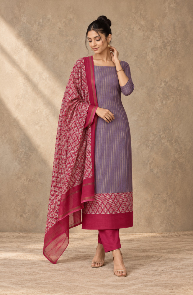Image of Purple Maheshwari Unstitched Suit-Set with Dupatta - 811-S151-445-129B