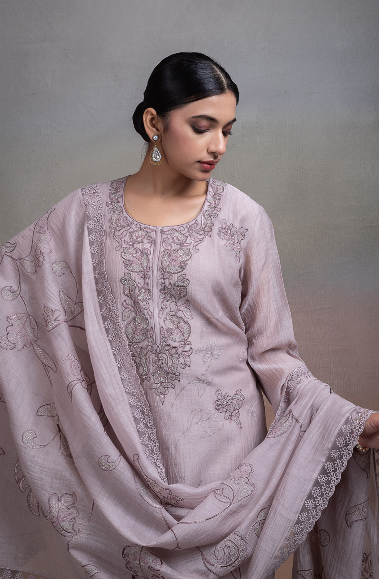 Grey Pure banarasi mul chanderi Suit Set with Dupatta - TOPNSP157B