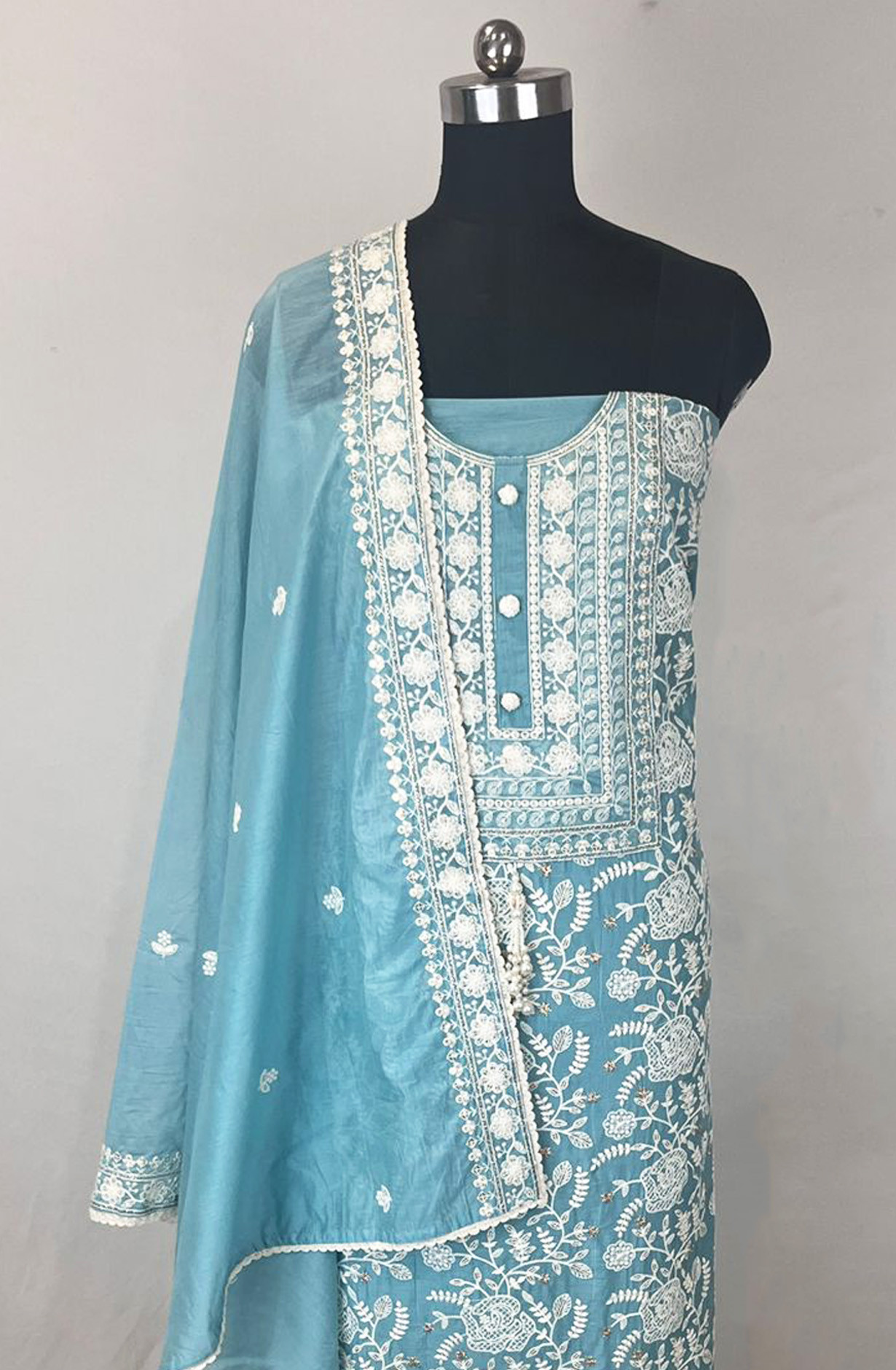 Blue Mul Chanderi Unstitched Beautiful Suit Set with Dupatta - 824-2514A