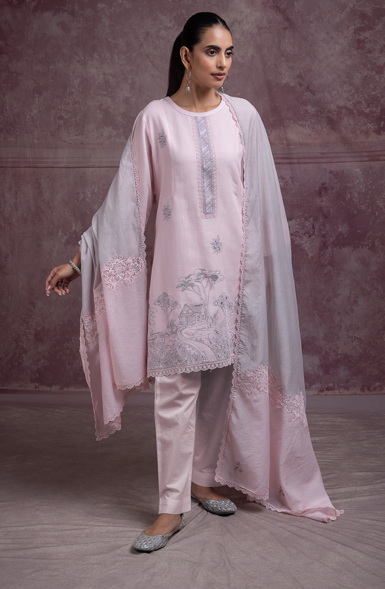 Pink pure cotton linen embroidered beautiful Suit Set with Dupatta - ALANT168C