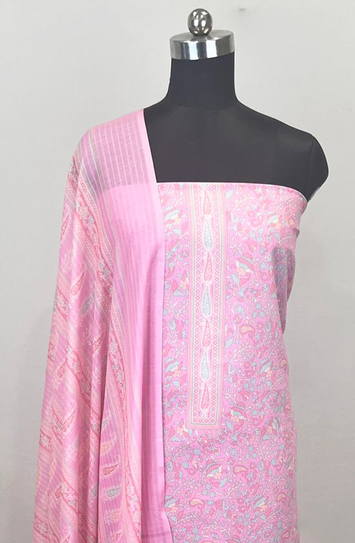 Pink Printed Cotton Unstitched Suit Set with Dupatta - ZAI1907I