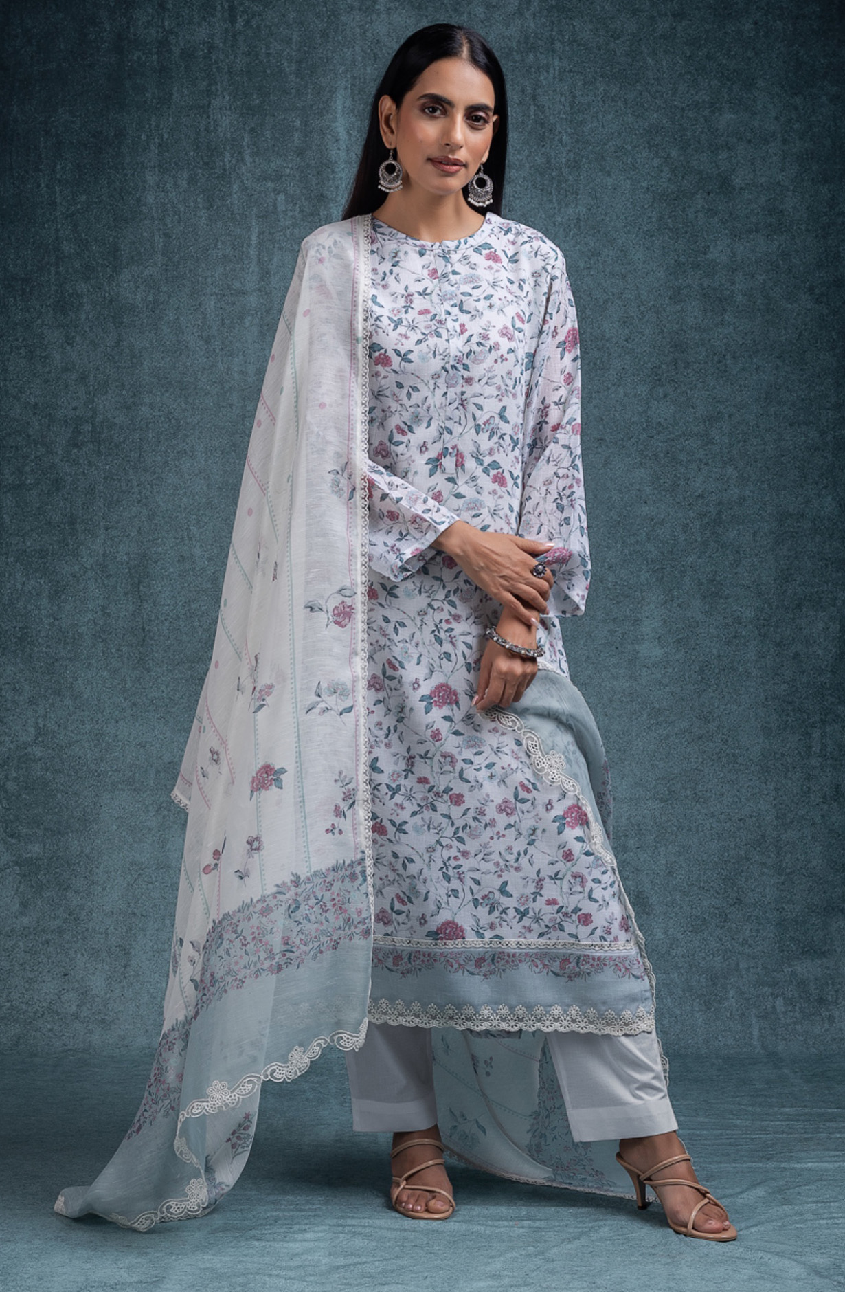 Green Linen beautiful Suit Set with Dupatta - INRNSP107C