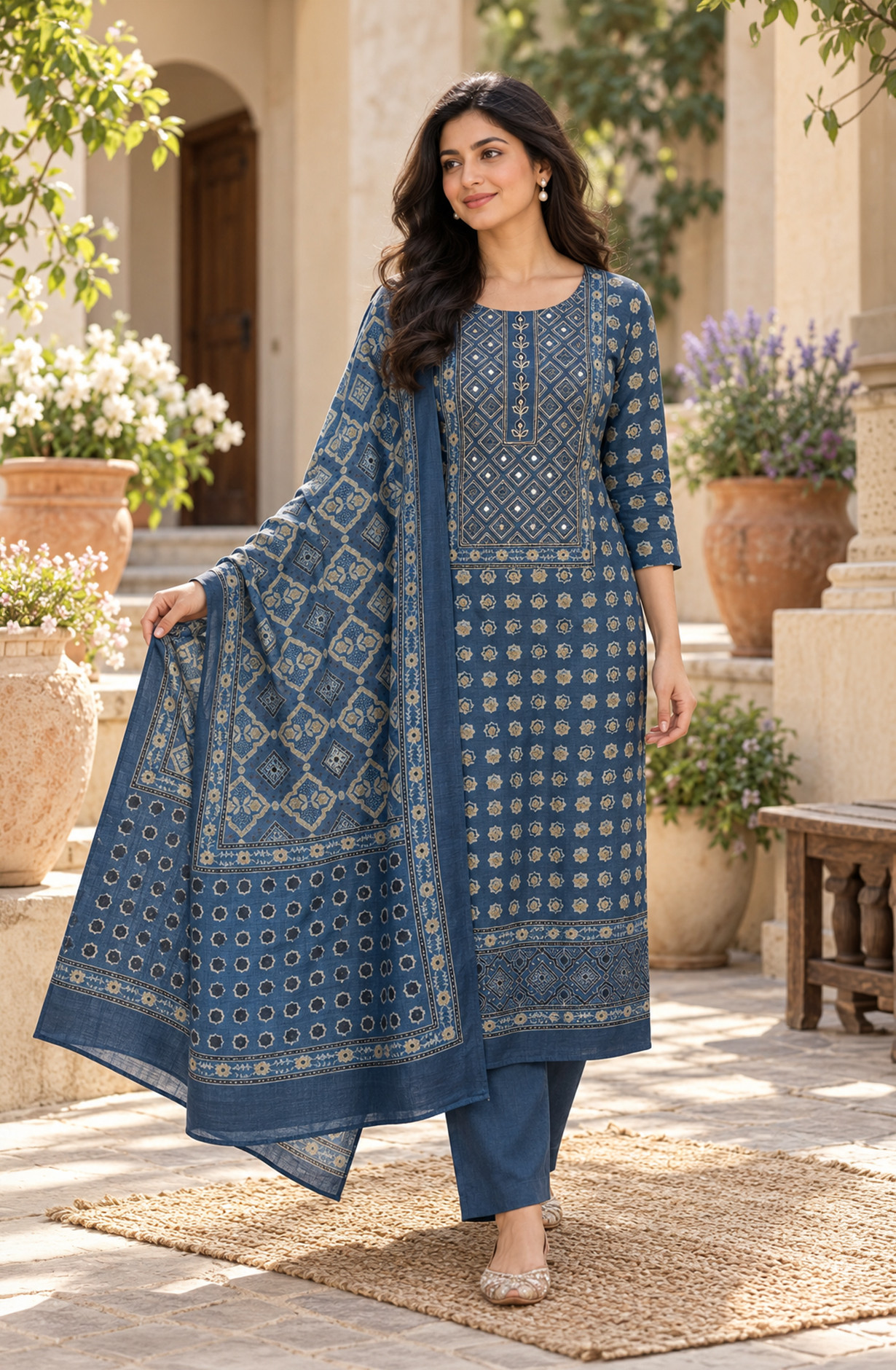 Blue Raw Silk Unstitched Suit-Set with Beautiful Dupatta - 981-I391