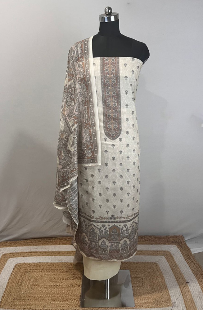 Image of Beige Cotton Beautiful Suit Set with Dupatta - NOOR1004