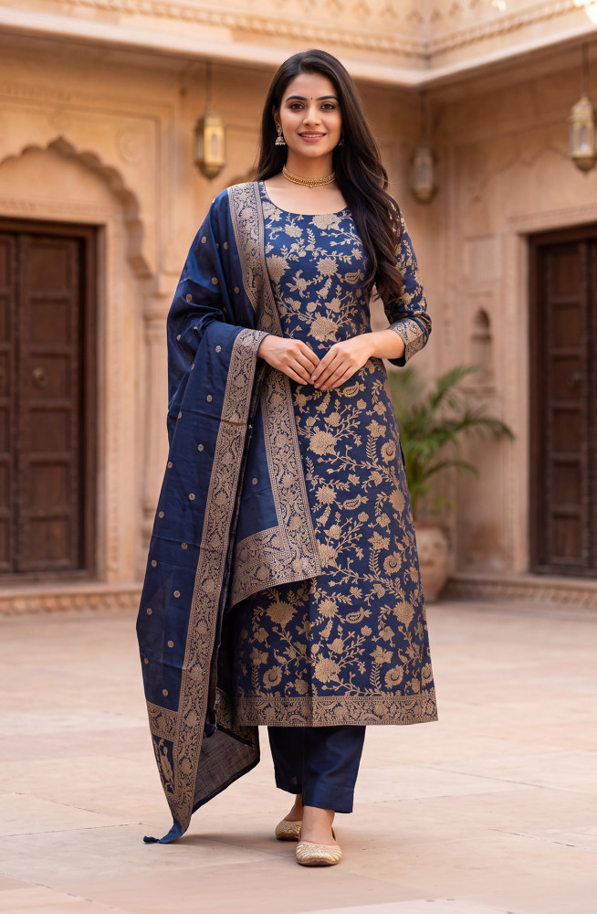 Image of Blue Silk Unstitched Suit-Set with Beautiful Dupatta - 981-0014